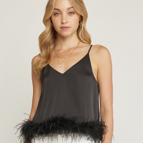 🌺🌺🌺ENTRO feather Trimmed Spaghetti Strap in Black🌺🌺🌺 - Picture 3 of 8